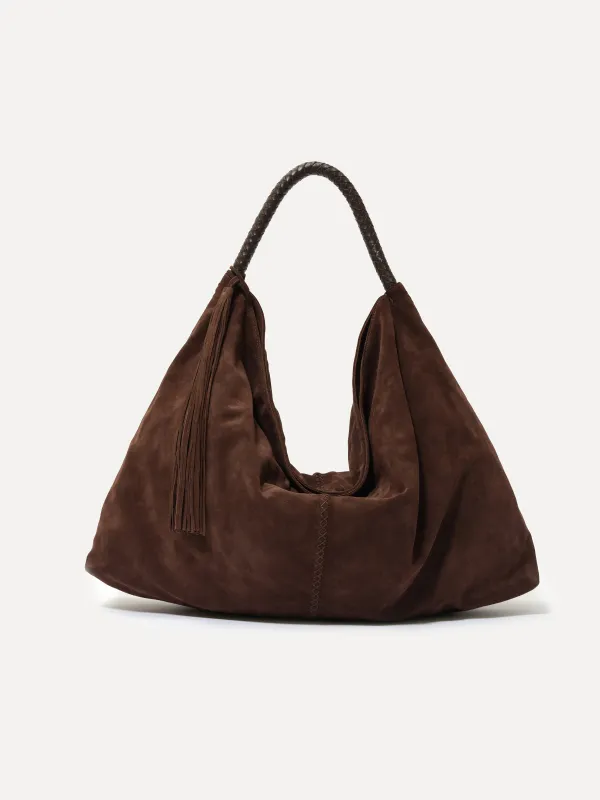 GALIA - Oversized tote bag with woven handle and removable tassel charm sold by Siedres