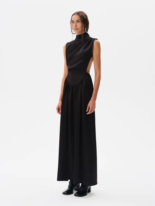 MARGOT - Open-back silver-trimmed satin maxi dress sold by Siedres