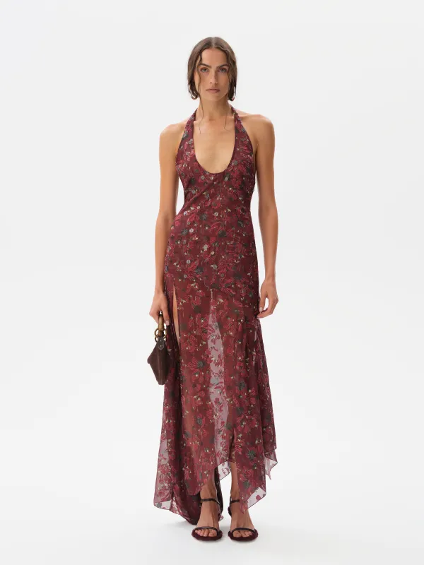 CORINAS - Halter-neck chiffon maxi dress with devoré detail sold by Siedres