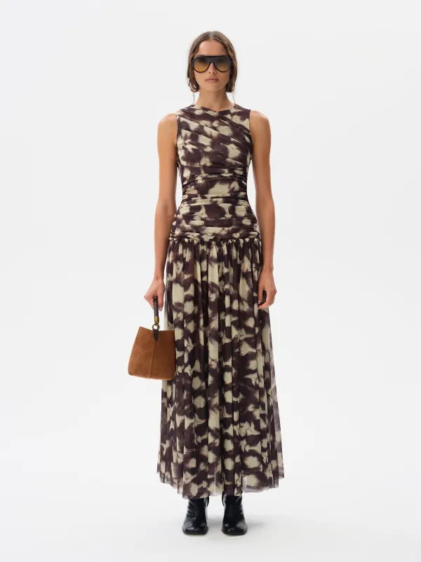 ALINA - Open-back ruched printed mesh maxi dress sold by Siedres