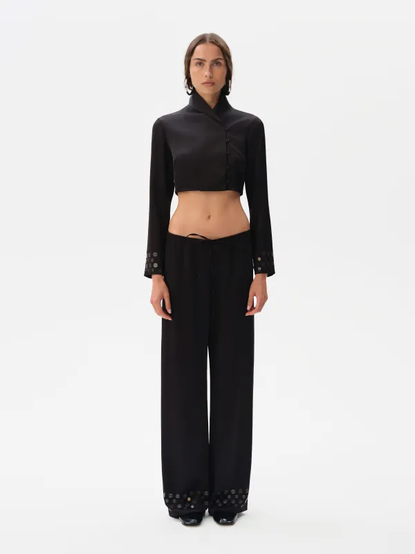 MANOCE - Wide-leg drawstring satin pants embroidered hem sold by Siedres