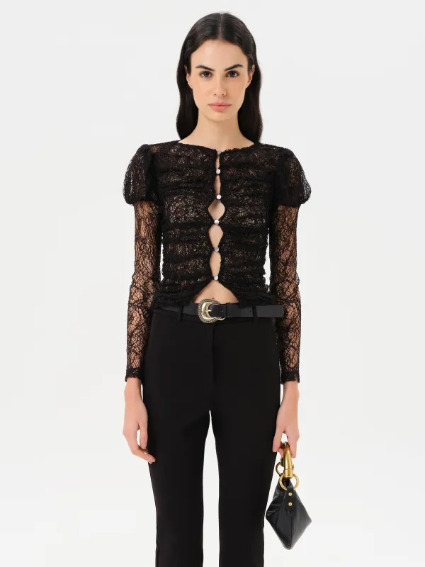 UMA - Semi sheer lace top with front button closure made by Siedres
