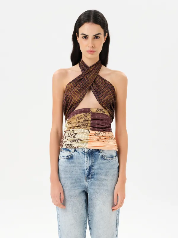 IZZY - Multi-pattern patchwork halter top sold by Siedres