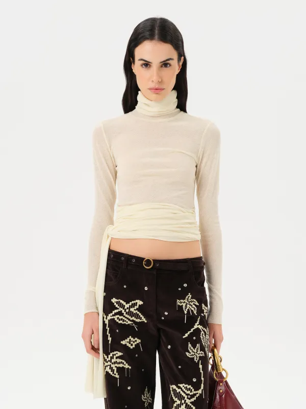 ALBA - Fitted long-sleeve mesh top with side tie detail sold by Siedres