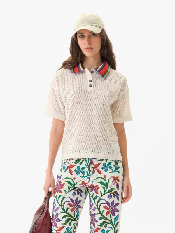 LEO - Boxy fit short-sleeve polo in textured knit and contrast crochet collar made by Siedres