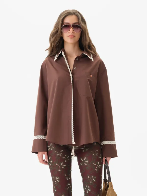 MIRNA - Oversized lace trim detailed mother-of-pearl button down shirt made by Siedres