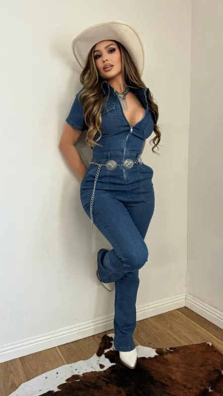 Eleyna Denim Jumpsuit (Medium Wash) sold by Lavish Couture Fashion
