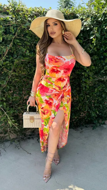 Barbados Maxi Dress (Orange/Pink) sold by Lavish Couture Fashion