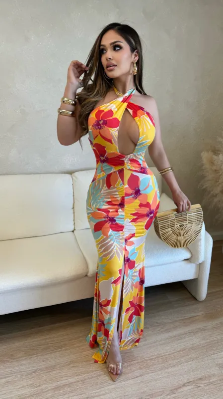 Leave Me Amazed Maxi Dress (Orange/Yellow/Teal) sold by Lavish Couture Fashion