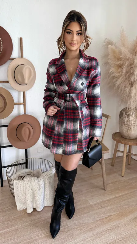 City Strolls Plaid Coat (Red) sold by Lavish Couture Fashion