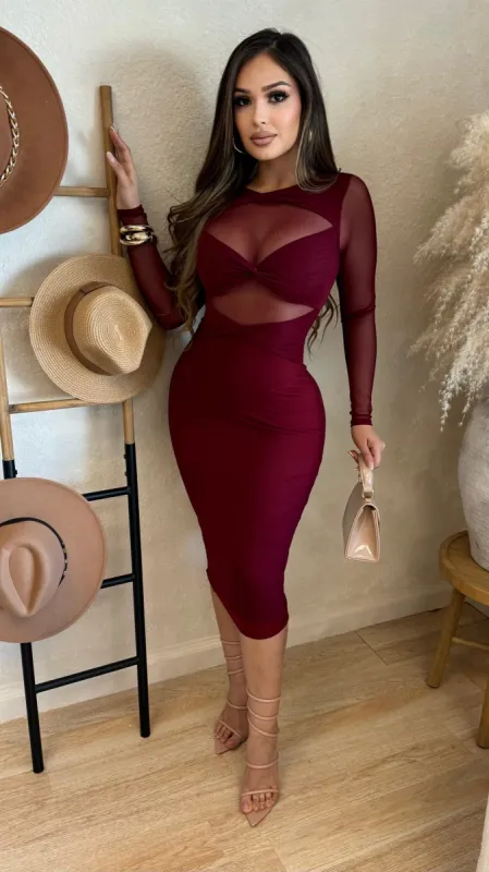Sheer Luck Midi Dress (Burgundy) sold by Lavish Couture Fashion