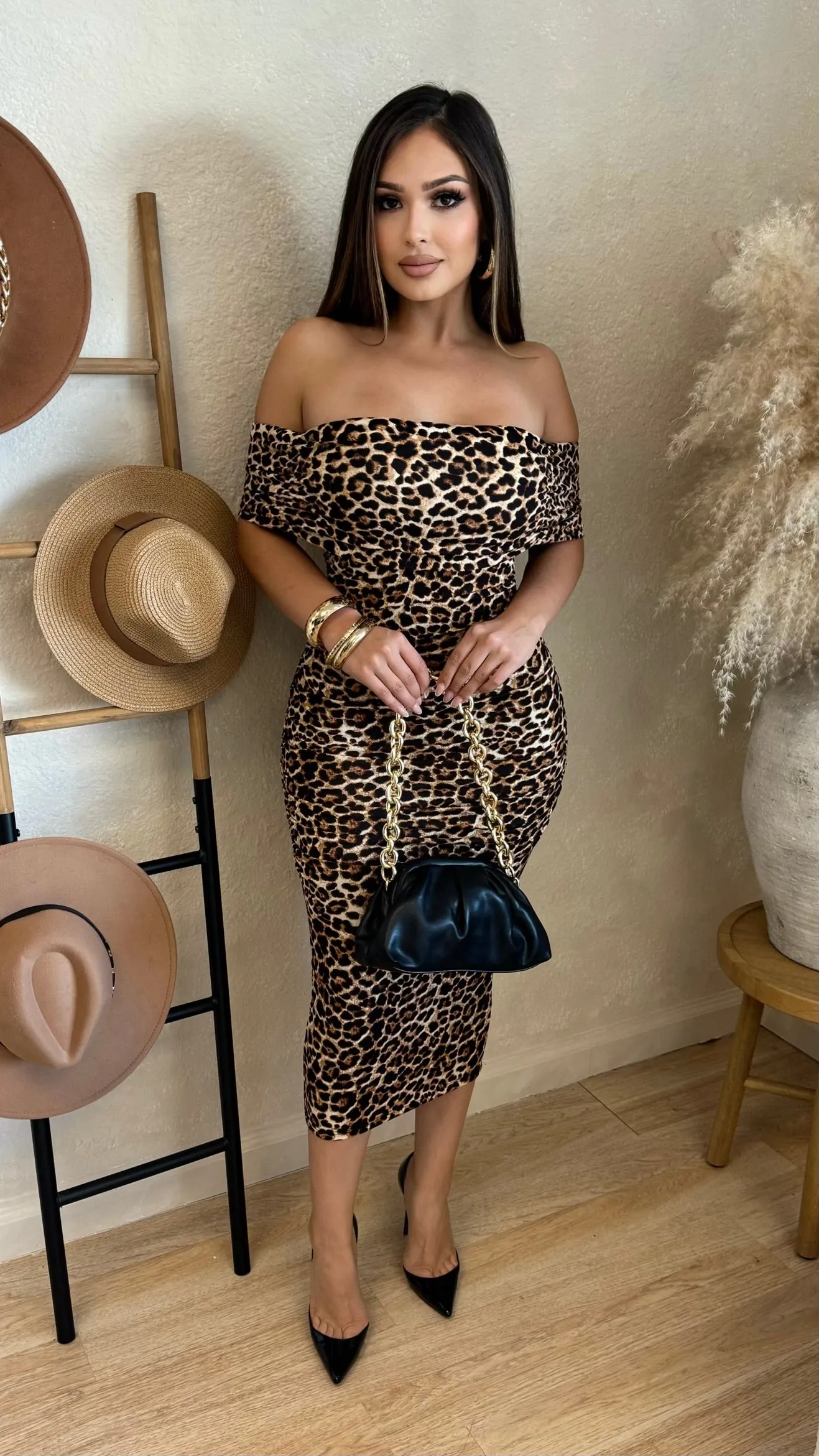 Leopard Off The Shoulder Cap Sleeve Midi Dress sold by Lavish Couture Fashion product image thumbnail 3