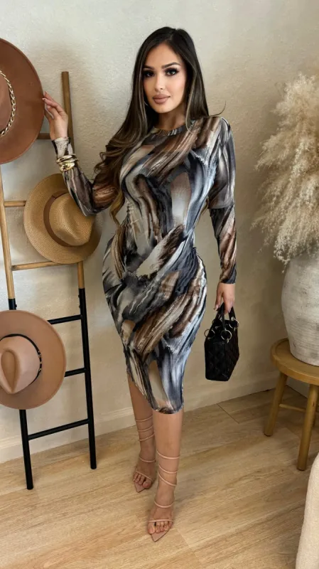 Savannah Mesh Midi Dress (Grey/Brown) sold by Lavish Couture Fashion