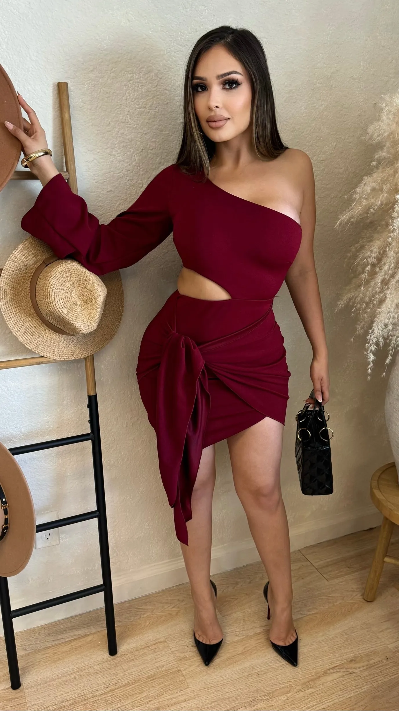 One Shoulder Side Cut Dress (Burgundy) sold by Lavish Couture Fashion product image thumbnail 2