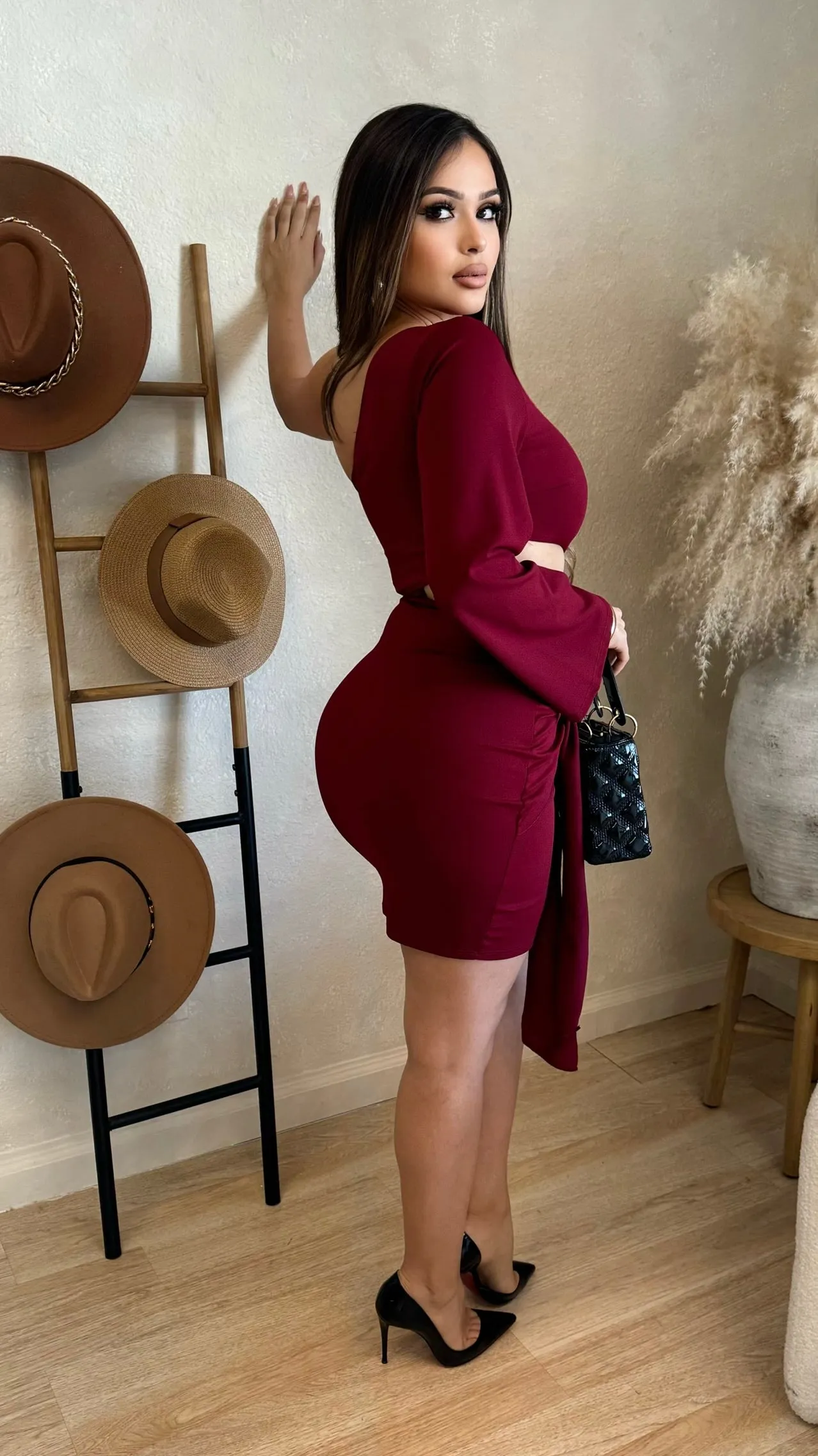 One Shoulder Side Cut Dress (Burgundy) sold by Lavish Couture Fashion product image thumbnail 3