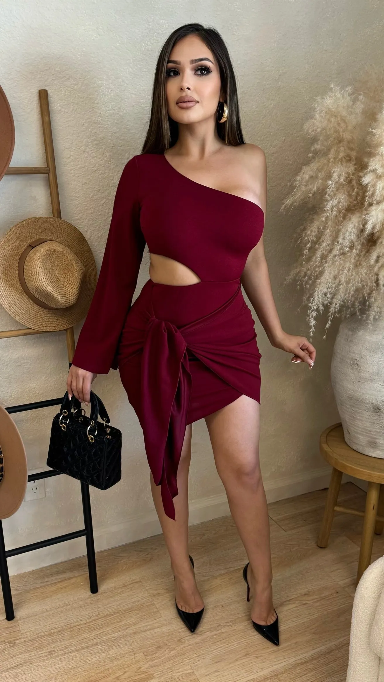 One Shoulder Side Cut Dress (Burgundy) sold by Lavish Couture Fashion product image thumbnail 4