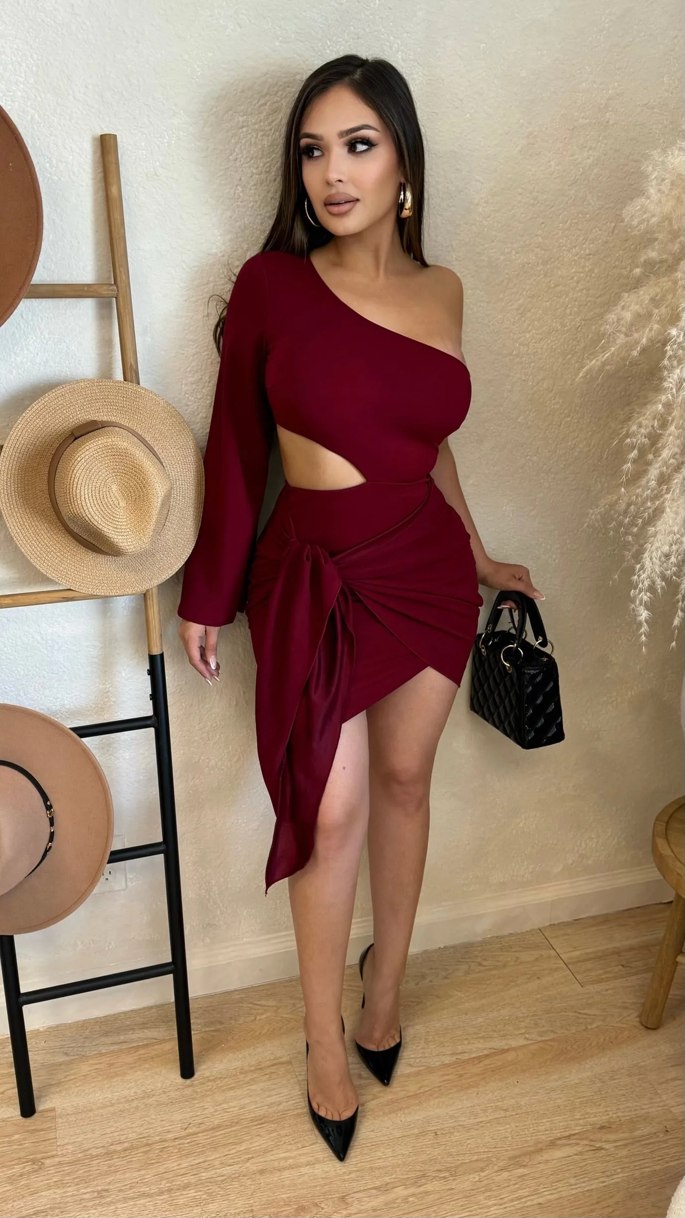One Shoulder Side Cut Dress (Burgundy) sold by Lavish Couture Fashion