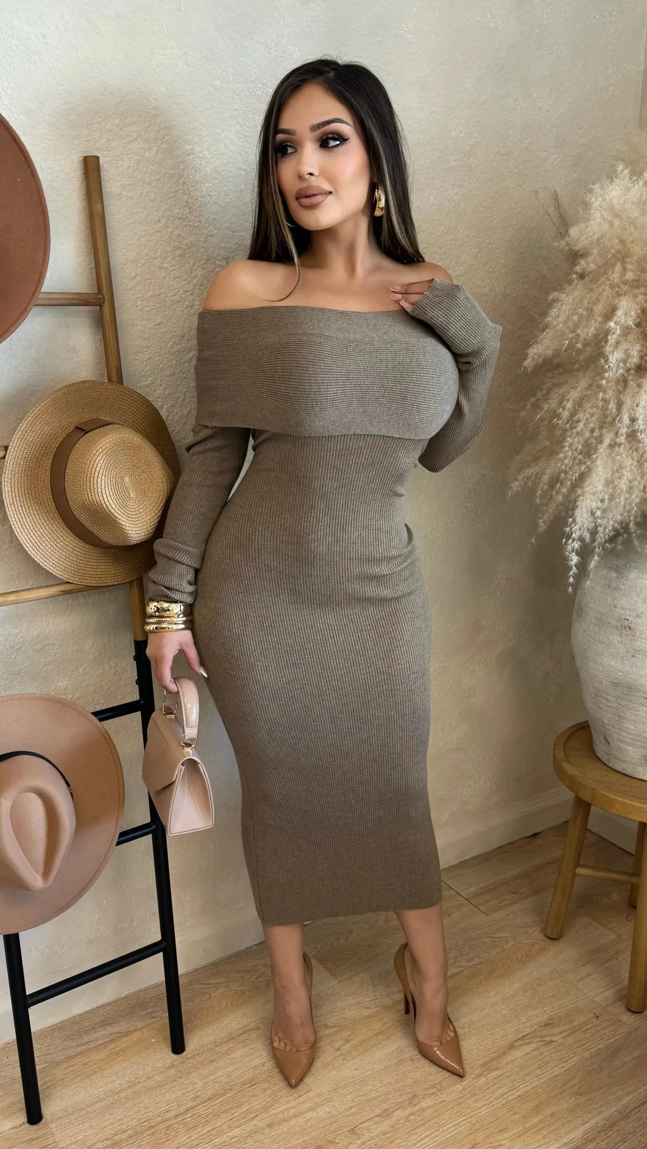 Autumn Sweater Off Shoulder Dress (Oatmeal) sold by Lavish Couture Fashion product image thumbnail 3