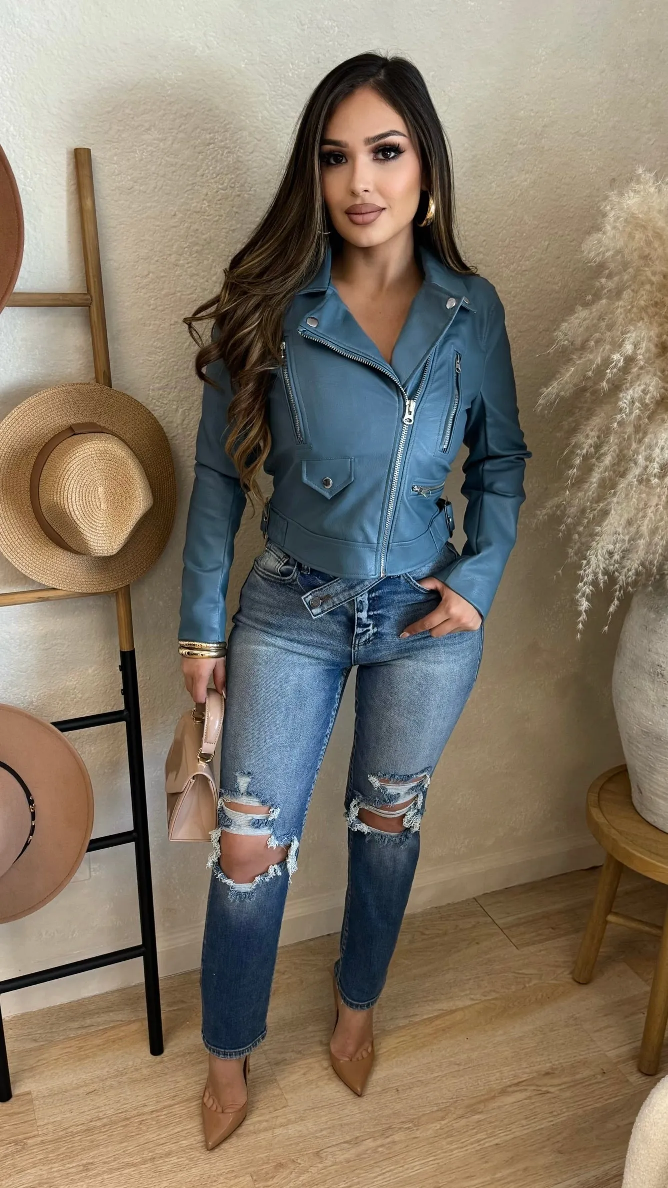 Stir It Up Faux Leather Jacket (Blue) sold by Lavish Couture Fashion