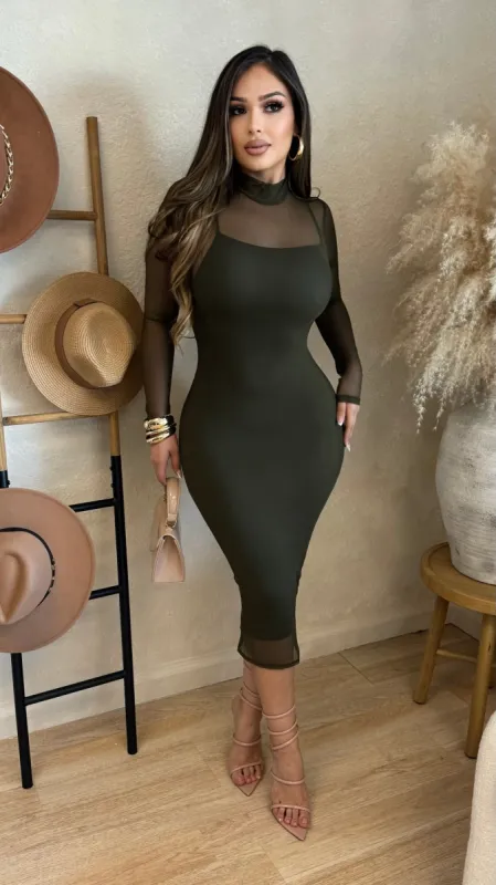 Mireya Mesh Midi Dress (Olive) sold by Lavish Couture Fashion
