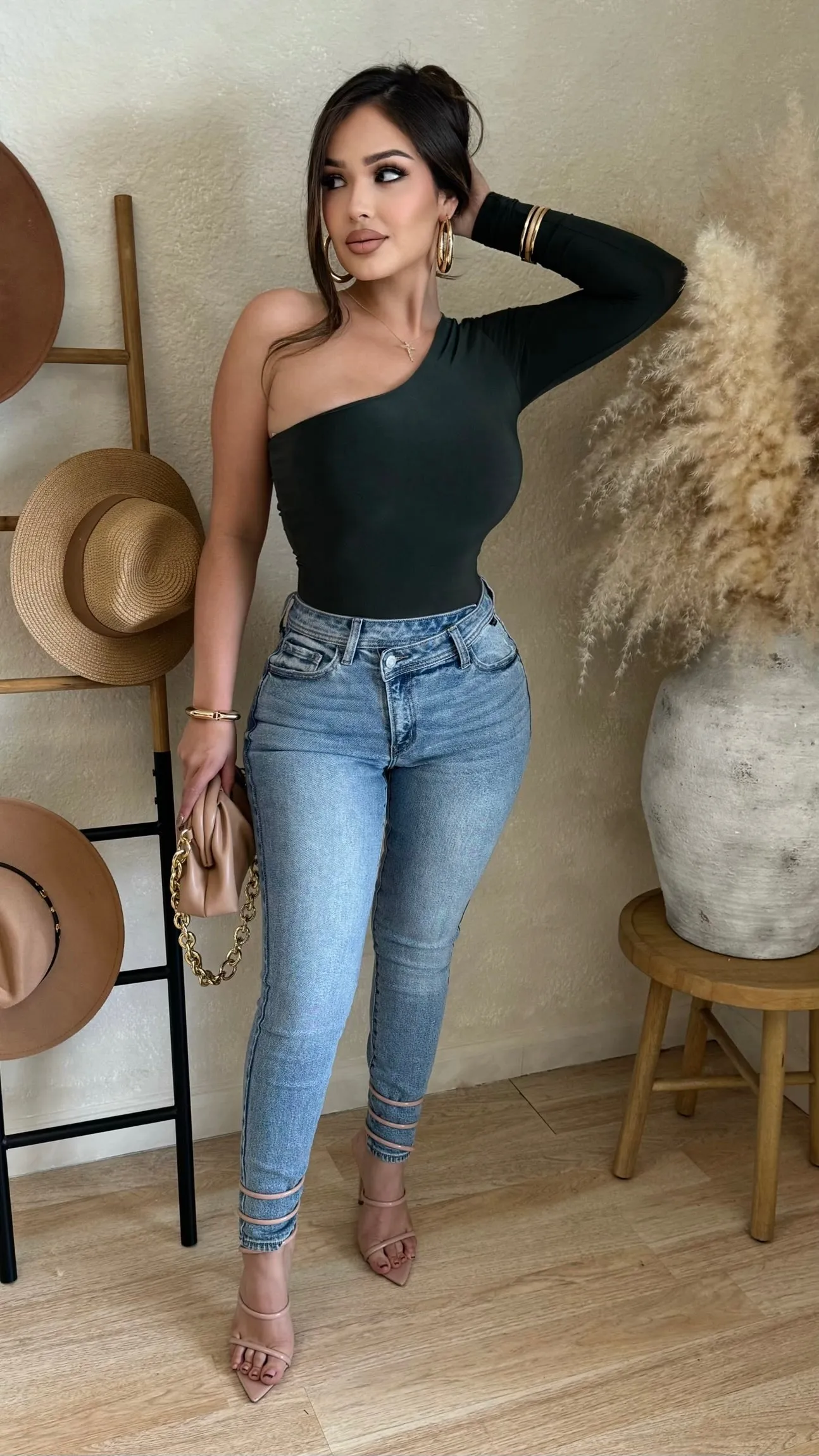 One Sided Long Sleeve Bodysuit (Dark Olive) sold by Lavish Couture Fashion