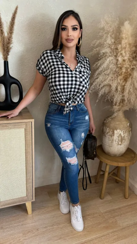 Sylvie Checkered Tie Top (Black/ White) sold by Lavish Couture Fashion