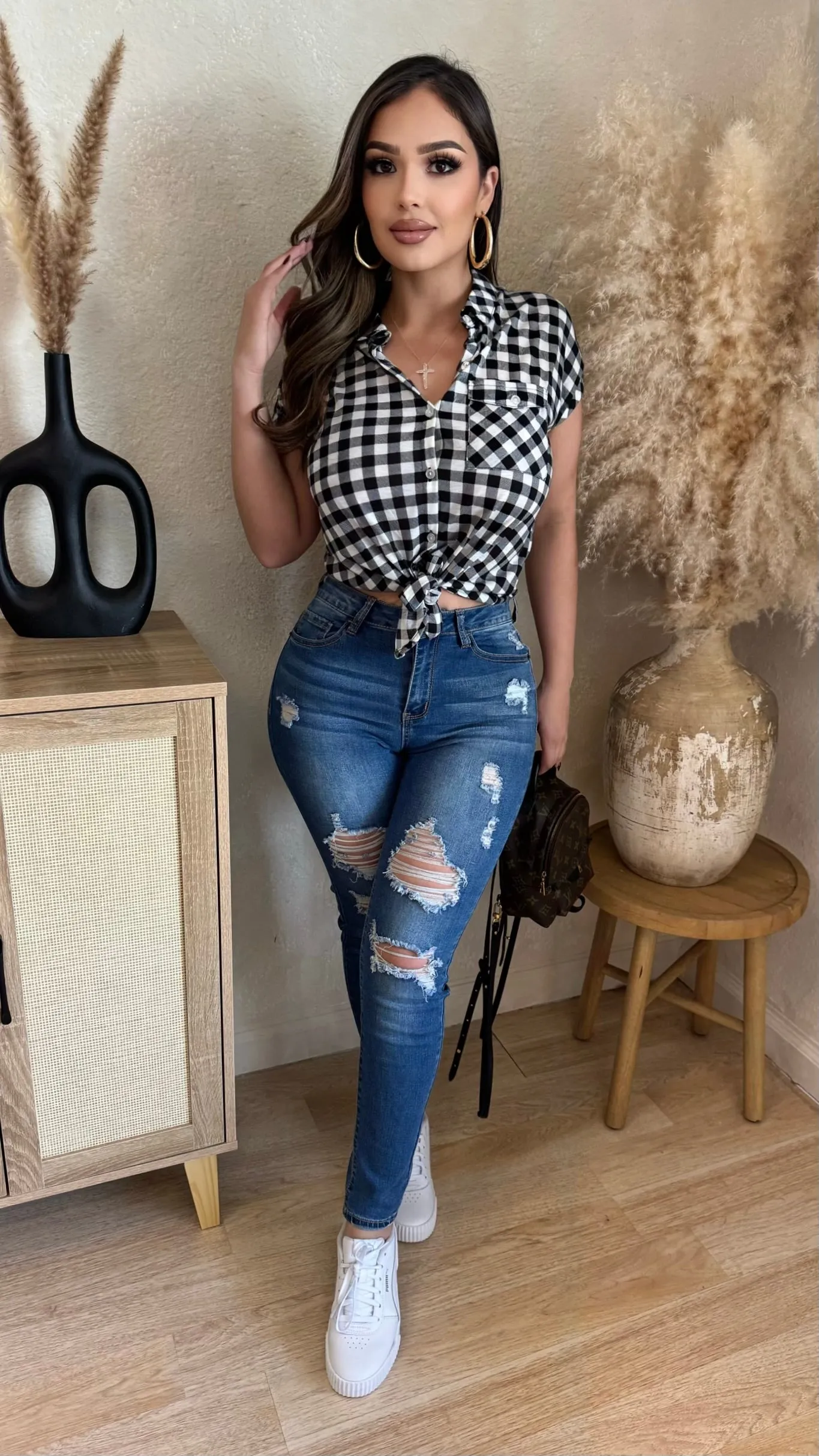 Sylvie Checkered Tie Top (Black/ White) sold by Lavish Couture Fashion product image thumbnail 3