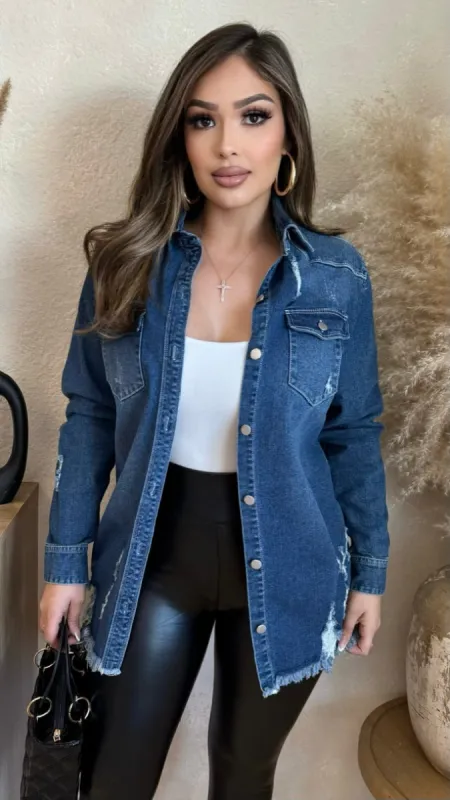 Candid Feelings Distressed Denim Jacket (Dark Wash) sold by Lavish Couture Fashion