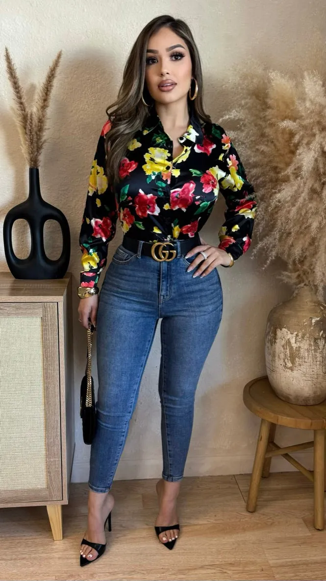 Just Say When Satin Floral Tops (Black/ Pink) sold by Lavish Couture Fashion product image thumbnail 2