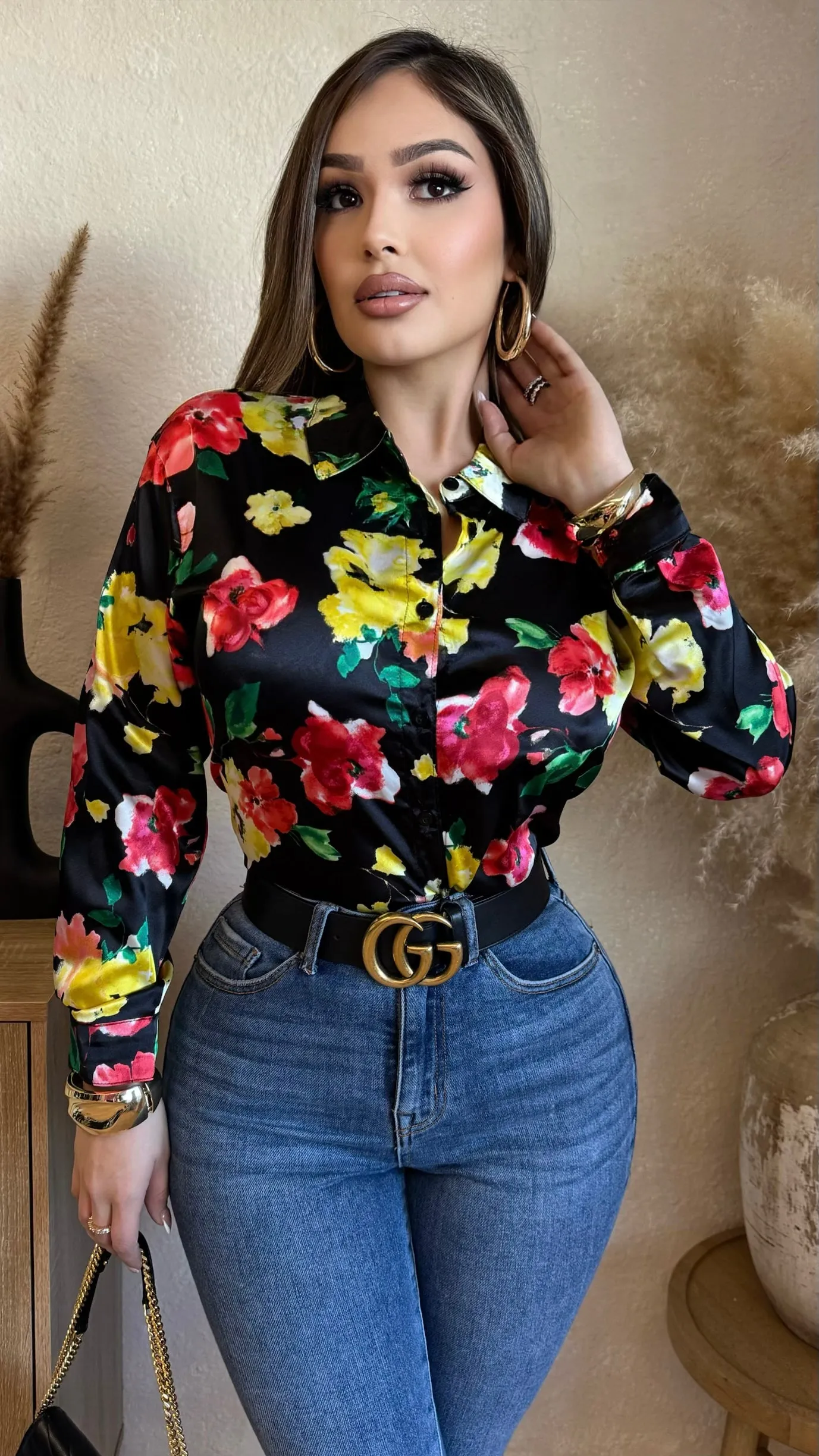 Just Say When Satin Floral Tops (Black/ Pink) sold by Lavish Couture Fashion