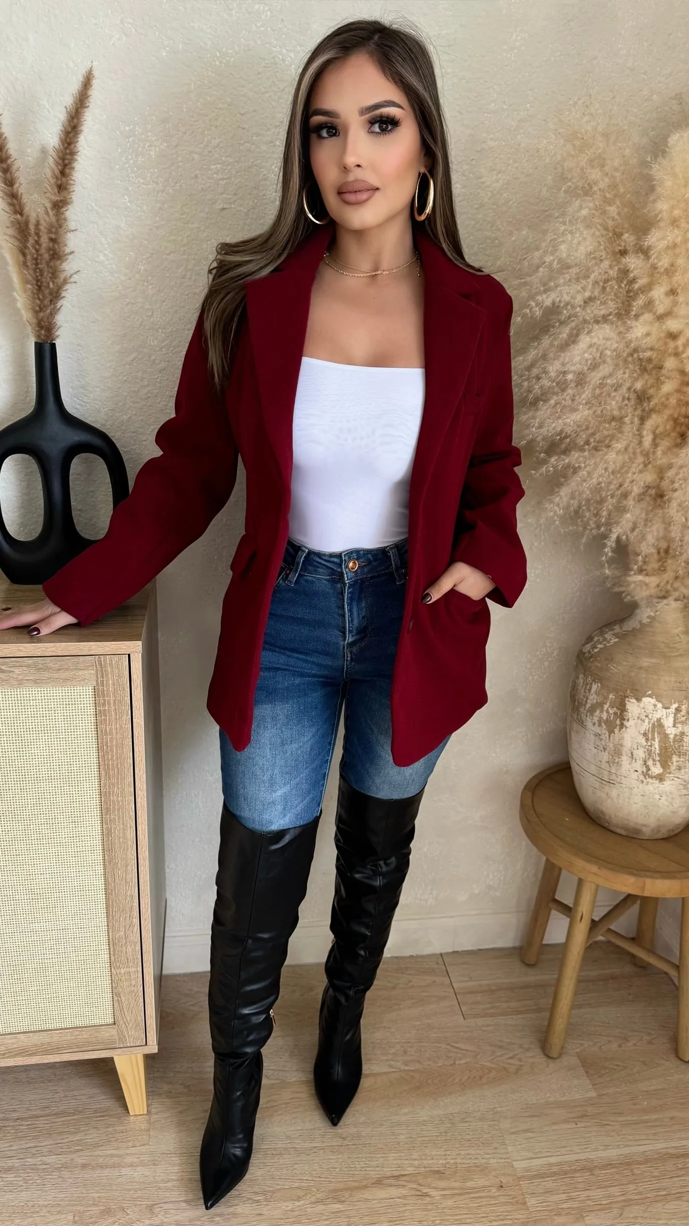 Delana Midi Coat (Burgundy) sold by Lavish Couture Fashion