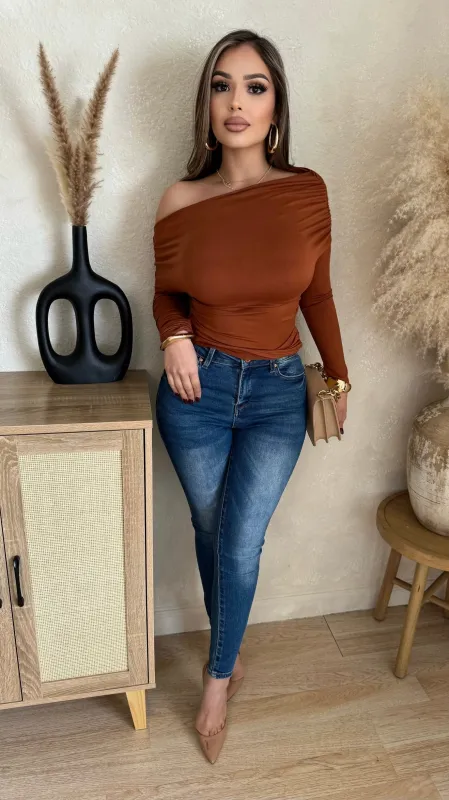 Luxe Off Shoulder Top (Camel) sold by Lavish Couture Fashion