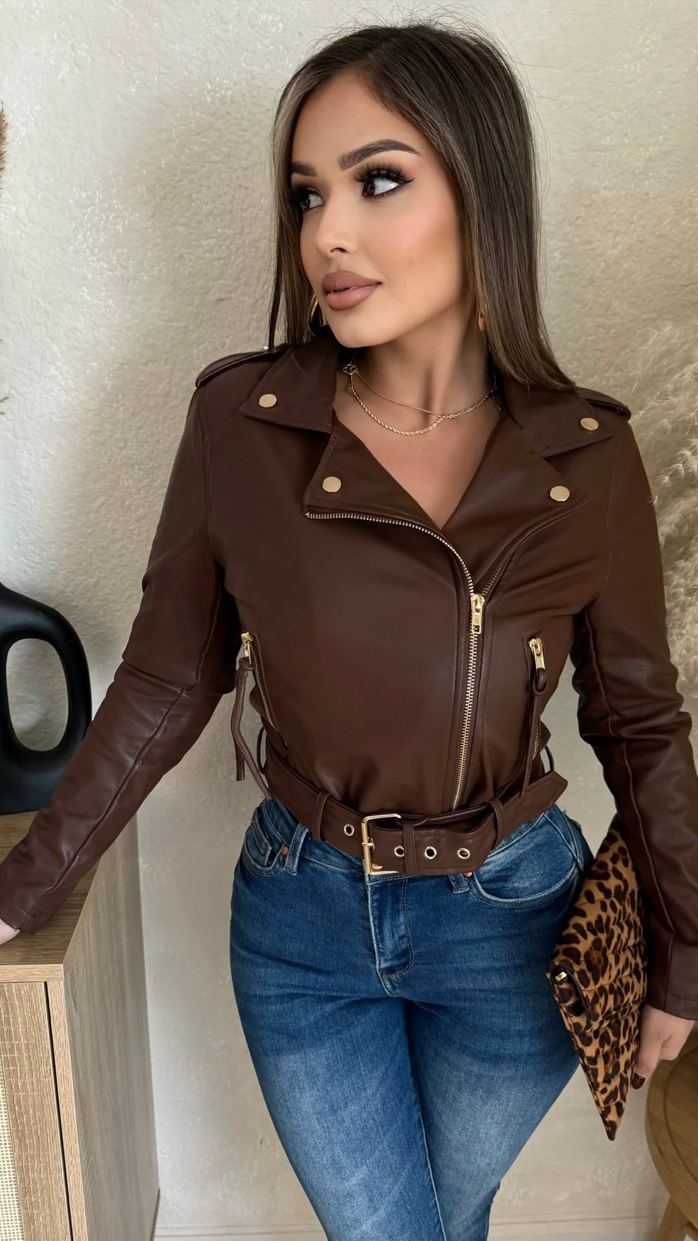 Aleyni Faux Leather Jacket (Brown) sold by Lavish Couture Fashion product image thumbnail 2