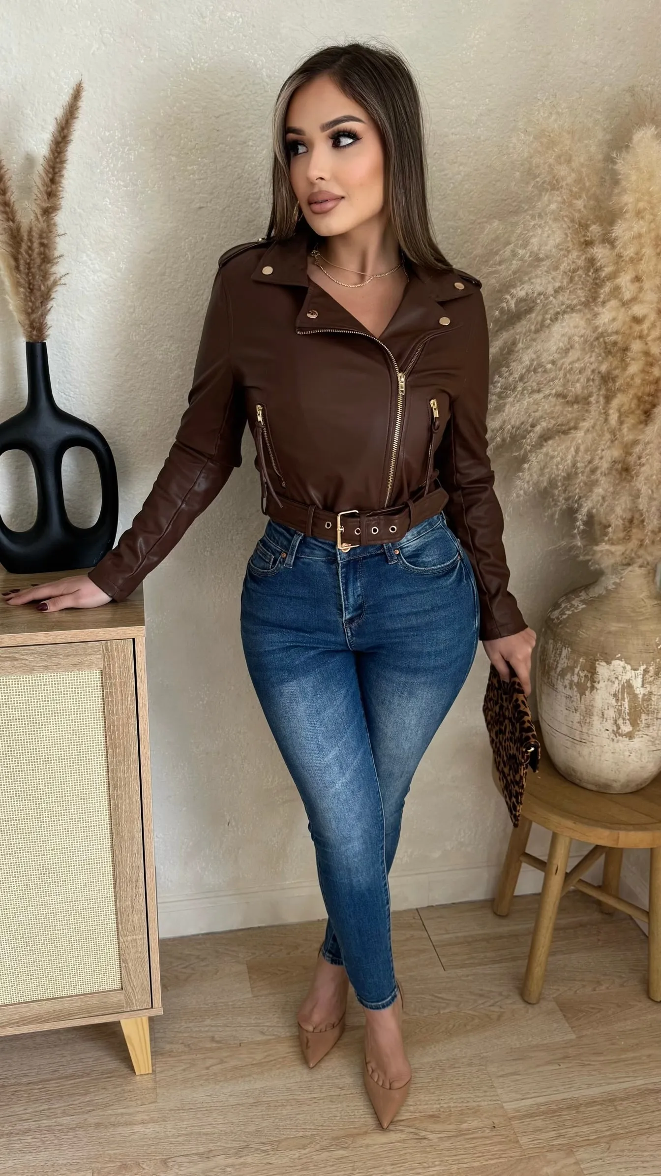Aleyni Faux Leather Jacket (Brown) sold by Lavish Couture Fashion