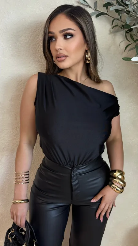 Berlin Scuba One Shoulder Pleated Bodysuit (Black) sold by Lavish Couture Fashion