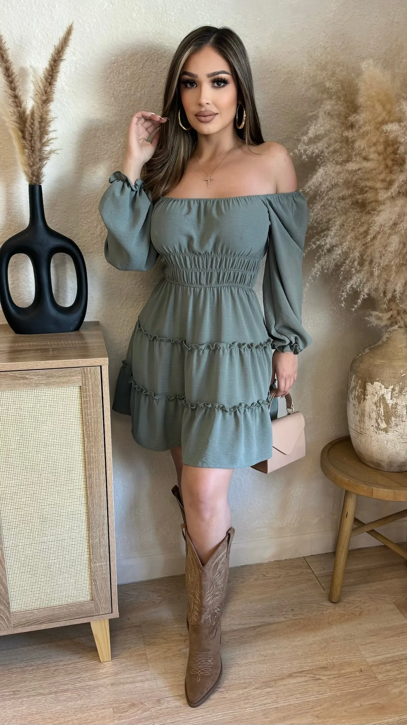 Off Shoulder Ruffle Midi Dress (Olive) sold by Lavish Couture Fashion