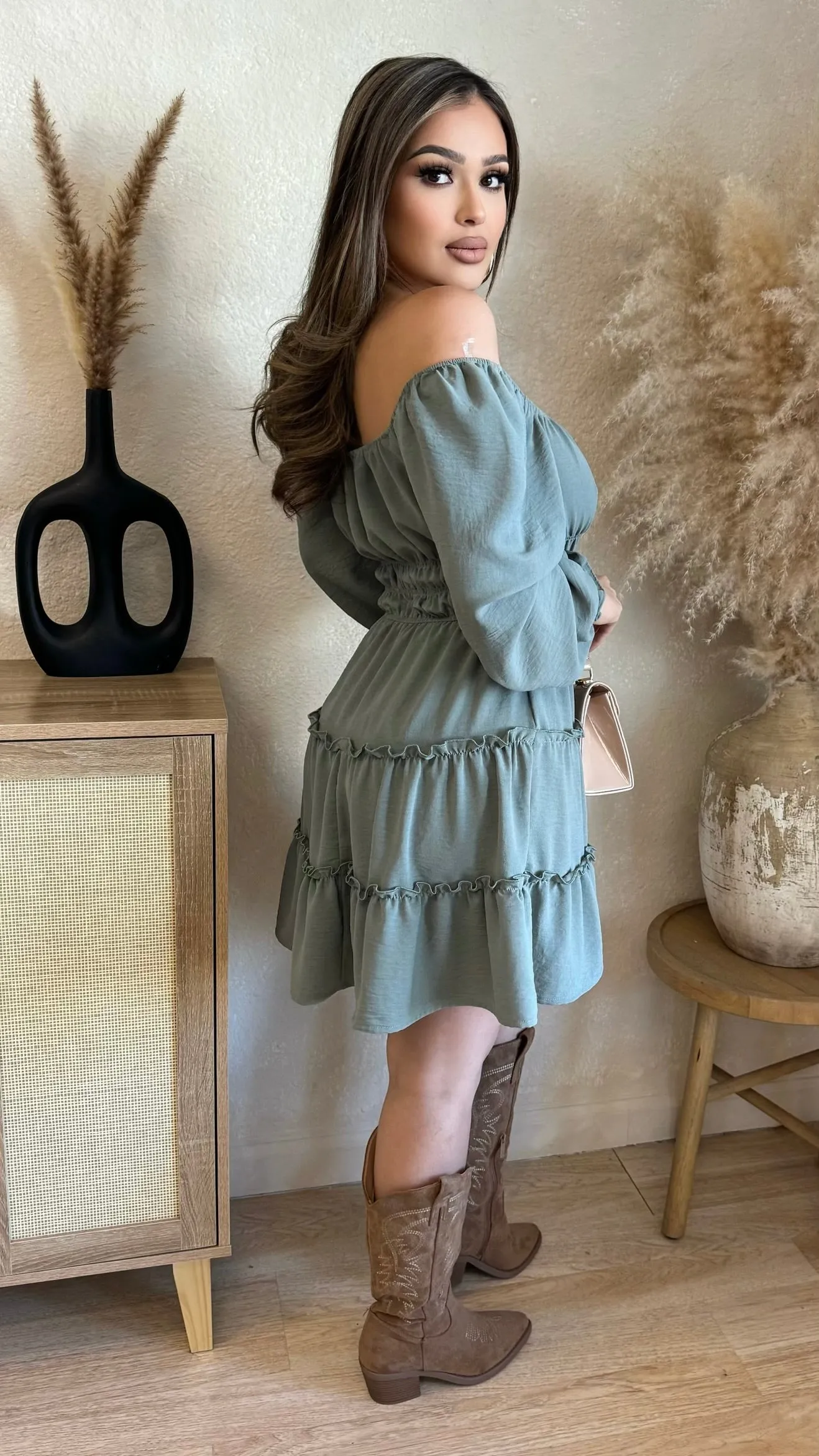 Off Shoulder Ruffle Midi Dress (Olive) sold by Lavish Couture Fashion product image thumbnail 2
