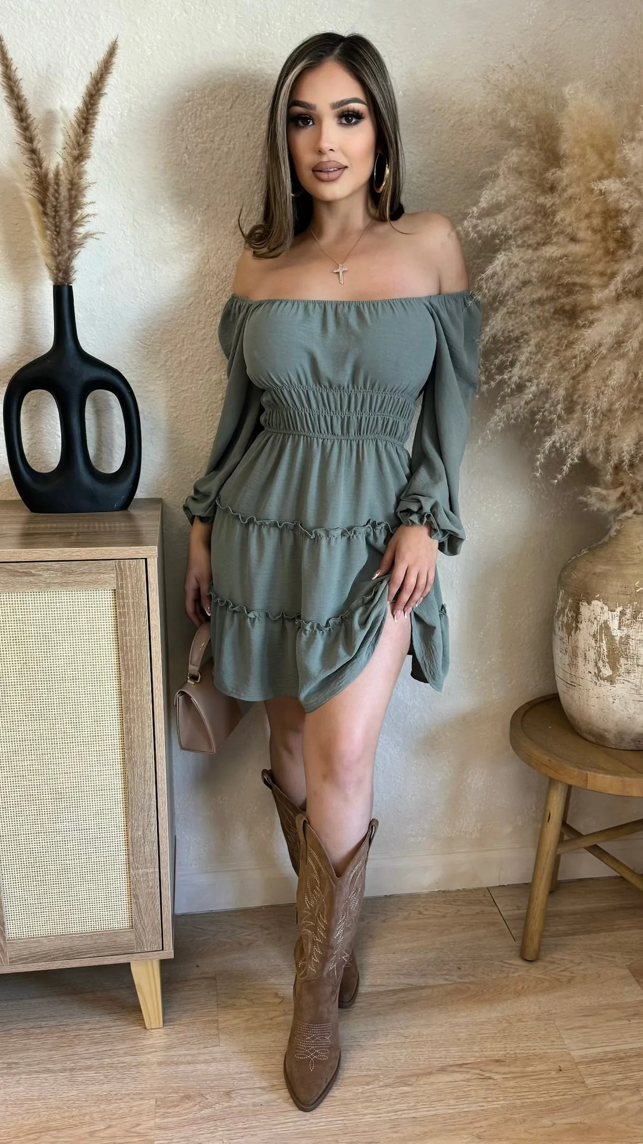 Off Shoulder Ruffle Midi Dress (Olive) sold by Lavish Couture Fashion product image thumbnail 3