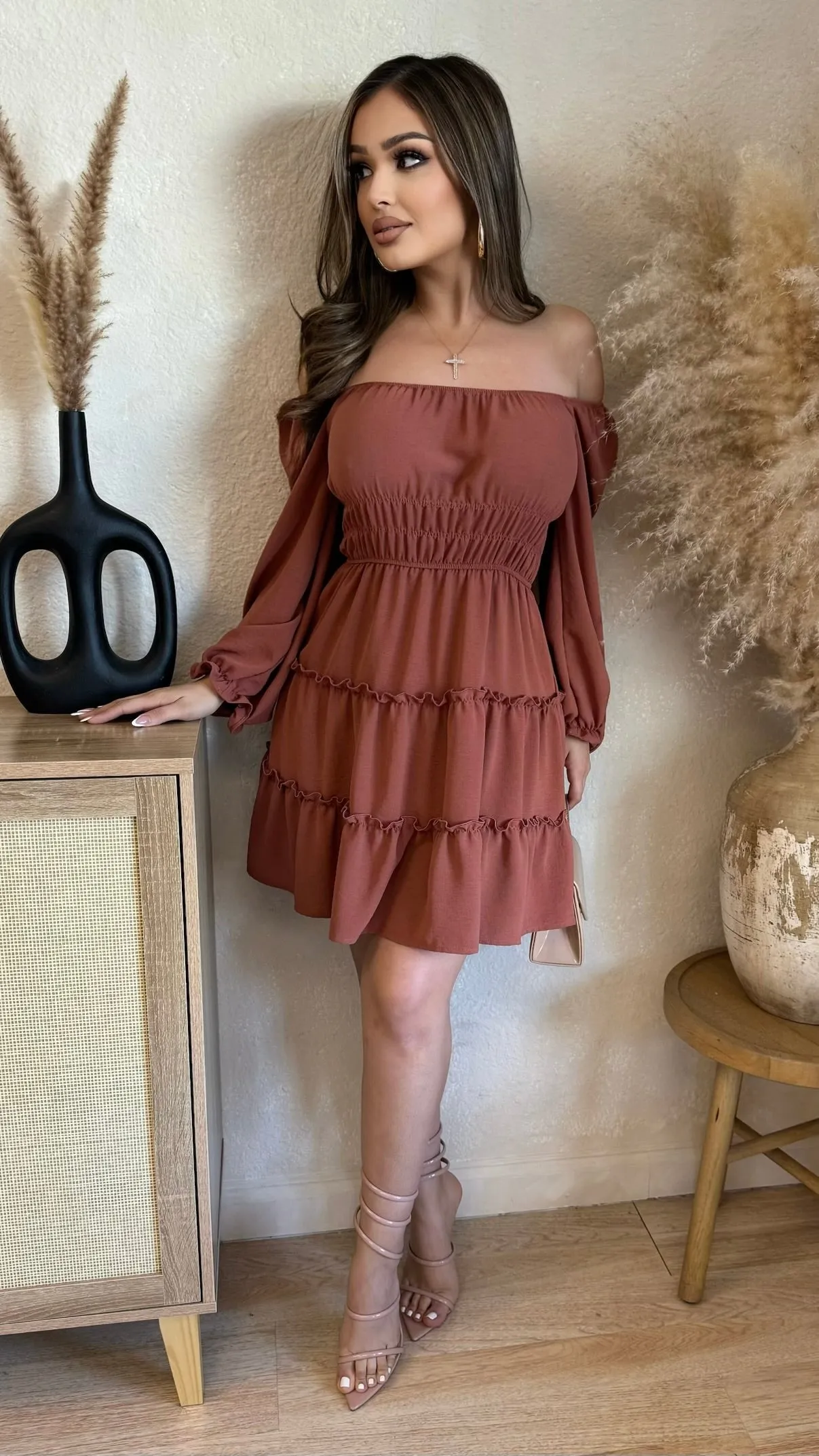 Off Shoulder Ruffle Midi Dress (Rust) sold by Lavish Couture Fashion product image thumbnail 3
