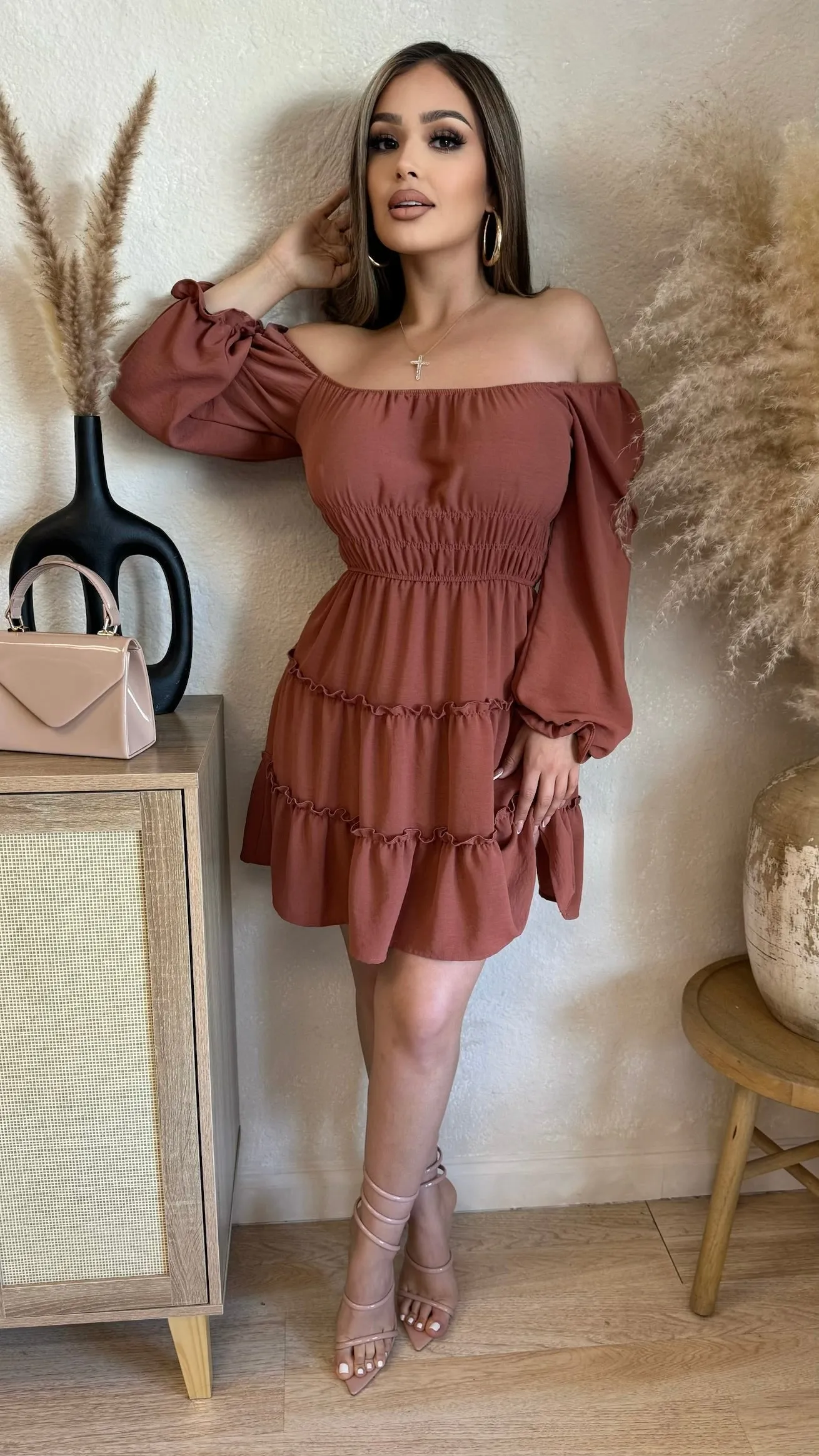 Off Shoulder Ruffle Midi Dress (Rust) sold by Lavish Couture Fashion