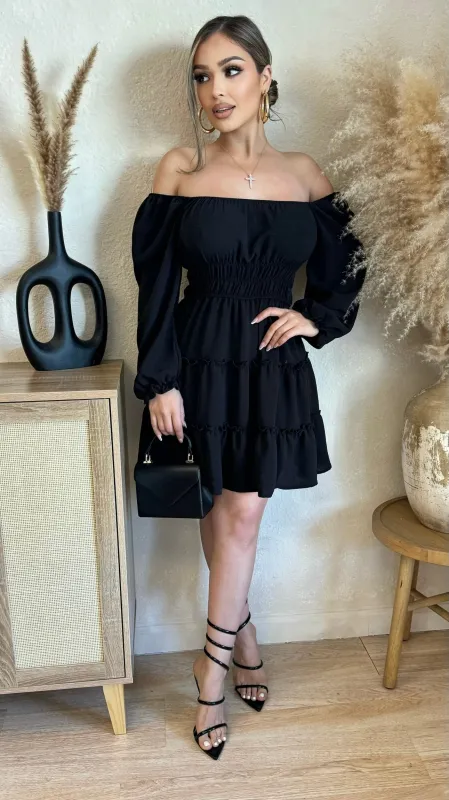 Off Shoulder Ruffle Midi Dress (Black) sold by Lavish Couture Fashion