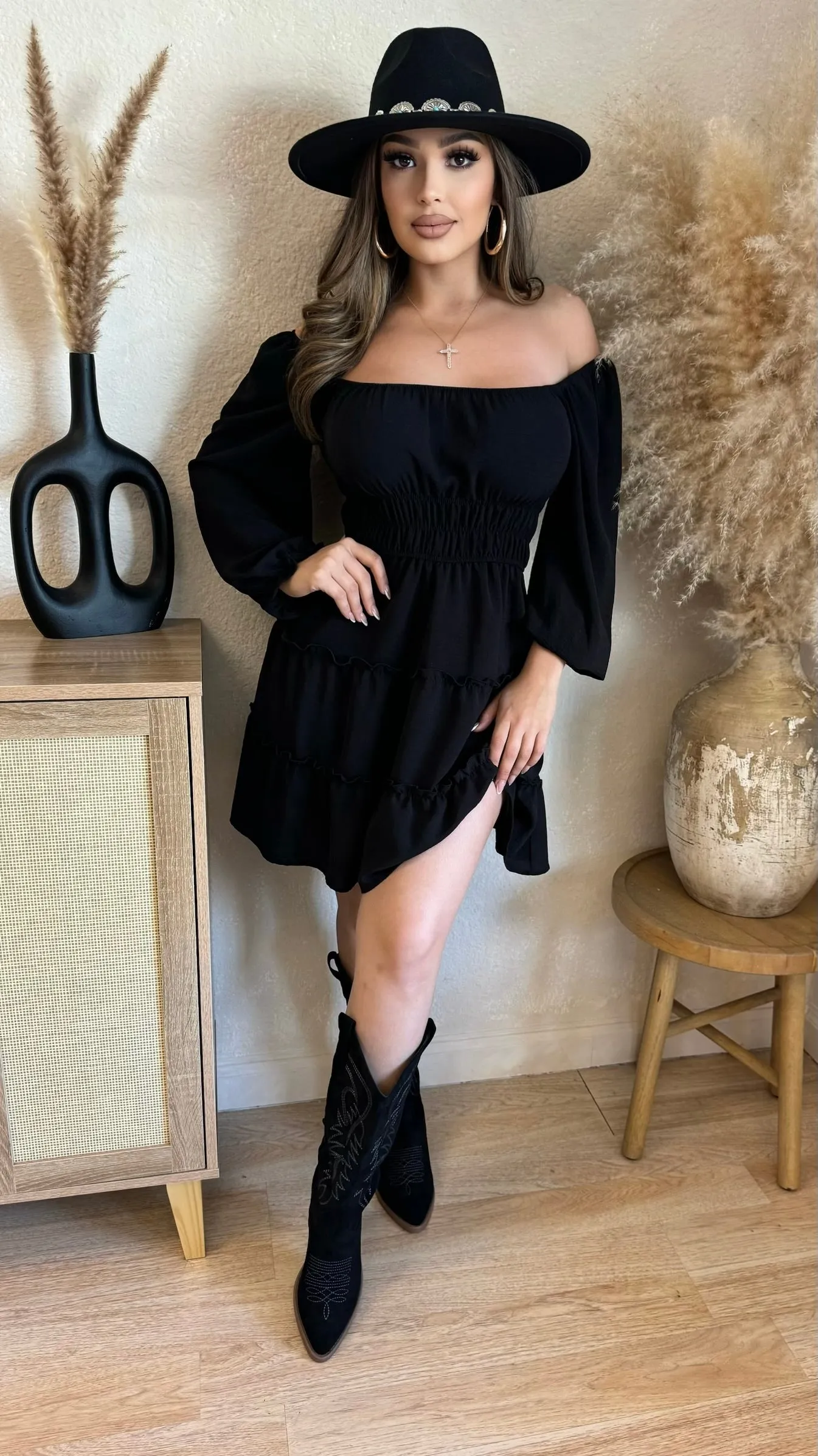 Off Shoulder Ruffle Midi Dress (Black) sold by Lavish Couture Fashion product image thumbnail 4