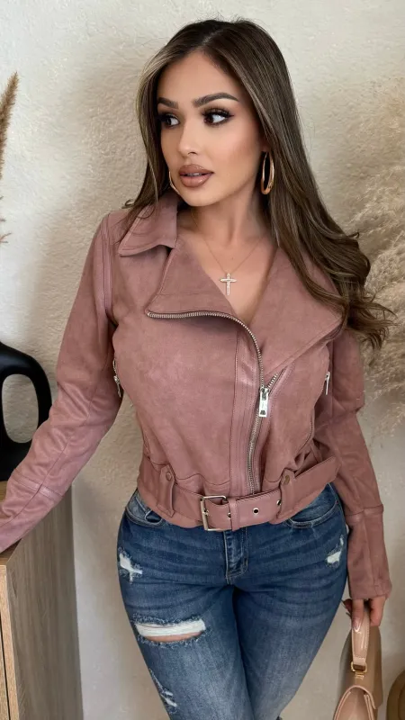 Faux Suede Moto Jacket (Mauve) sold by Lavish Couture Fashion