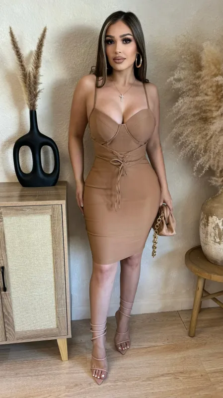 Dangerously Desirable Corset Midi Dress (Taupe) sold by Lavish Couture Fashion