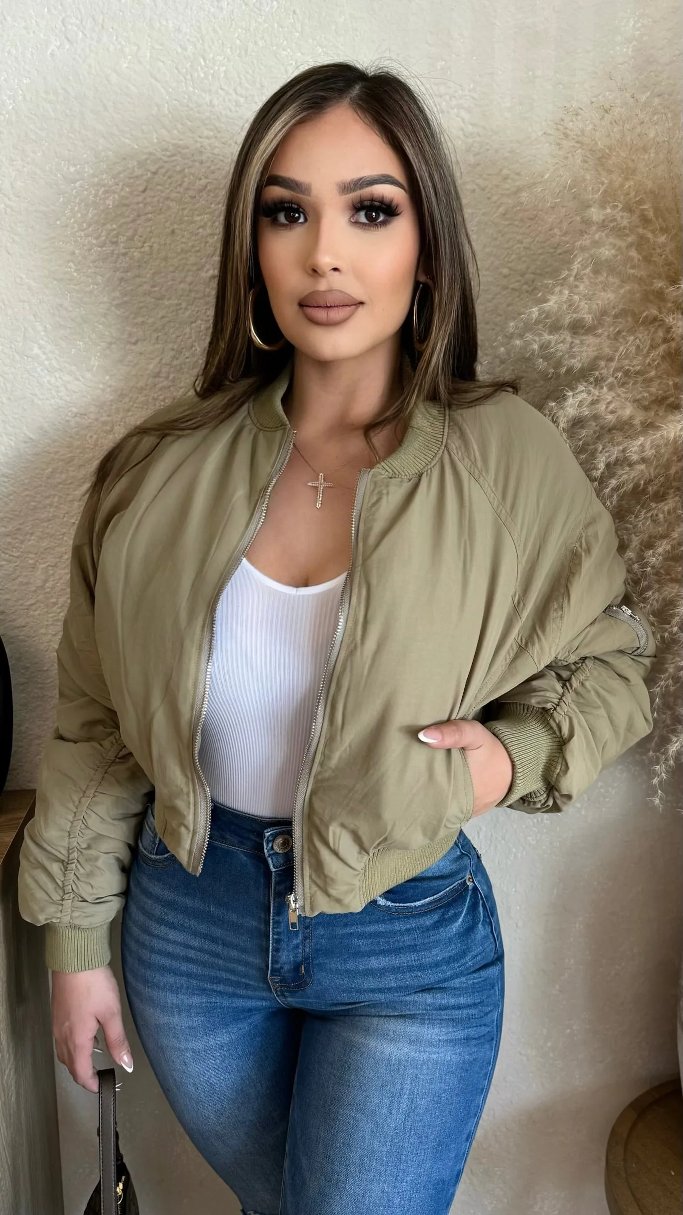 Unchecked Ego Bomber Jacket (Dusty Olive) sold by Lavish Couture Fashion
