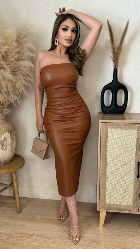 Maryela Faux Leather Strapless Dress (Camel) sold by Lavish Couture Fashion