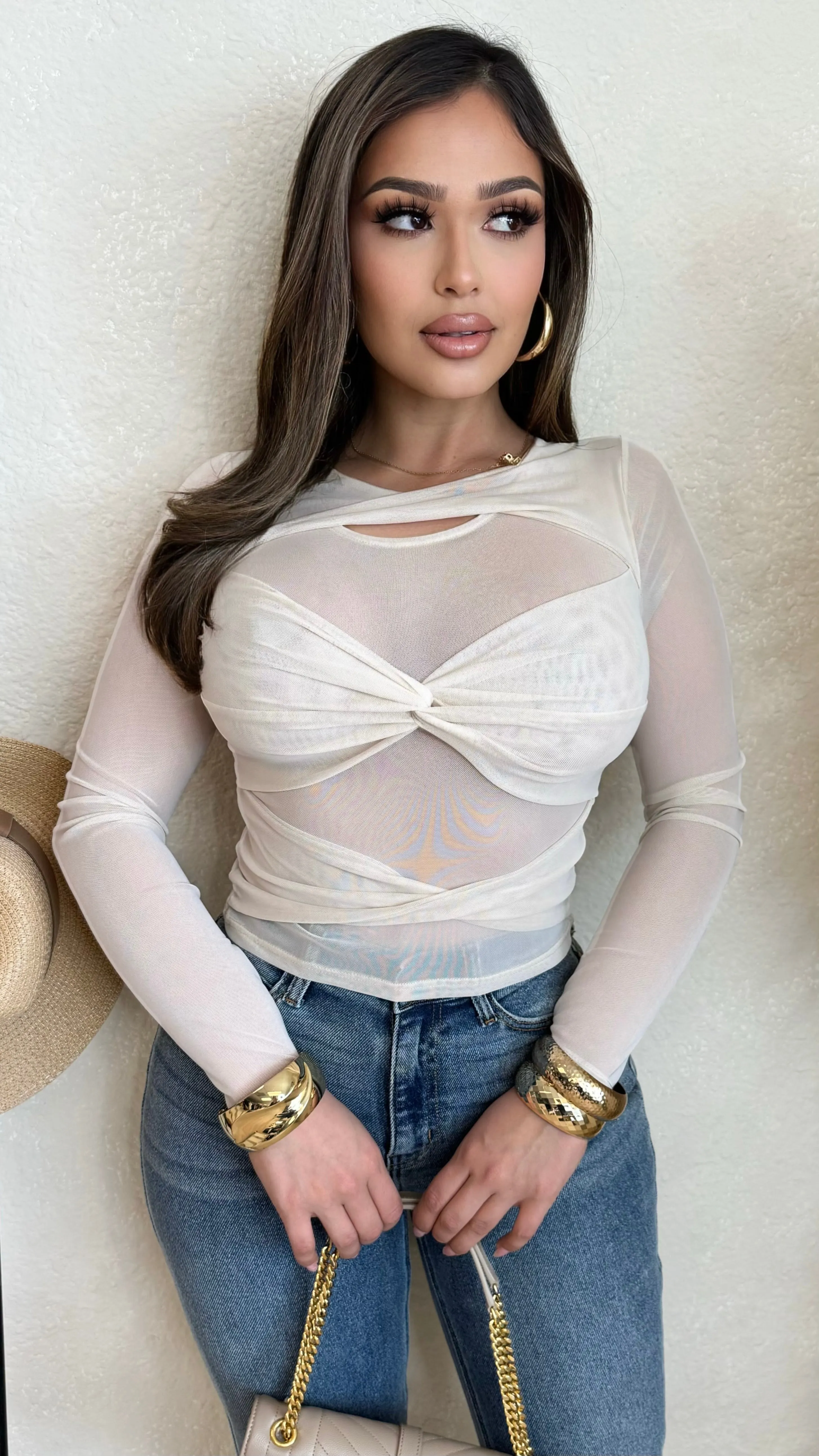 Aria Front Twisted Mesh Top (Ivory) sold by Lavish Couture Fashion