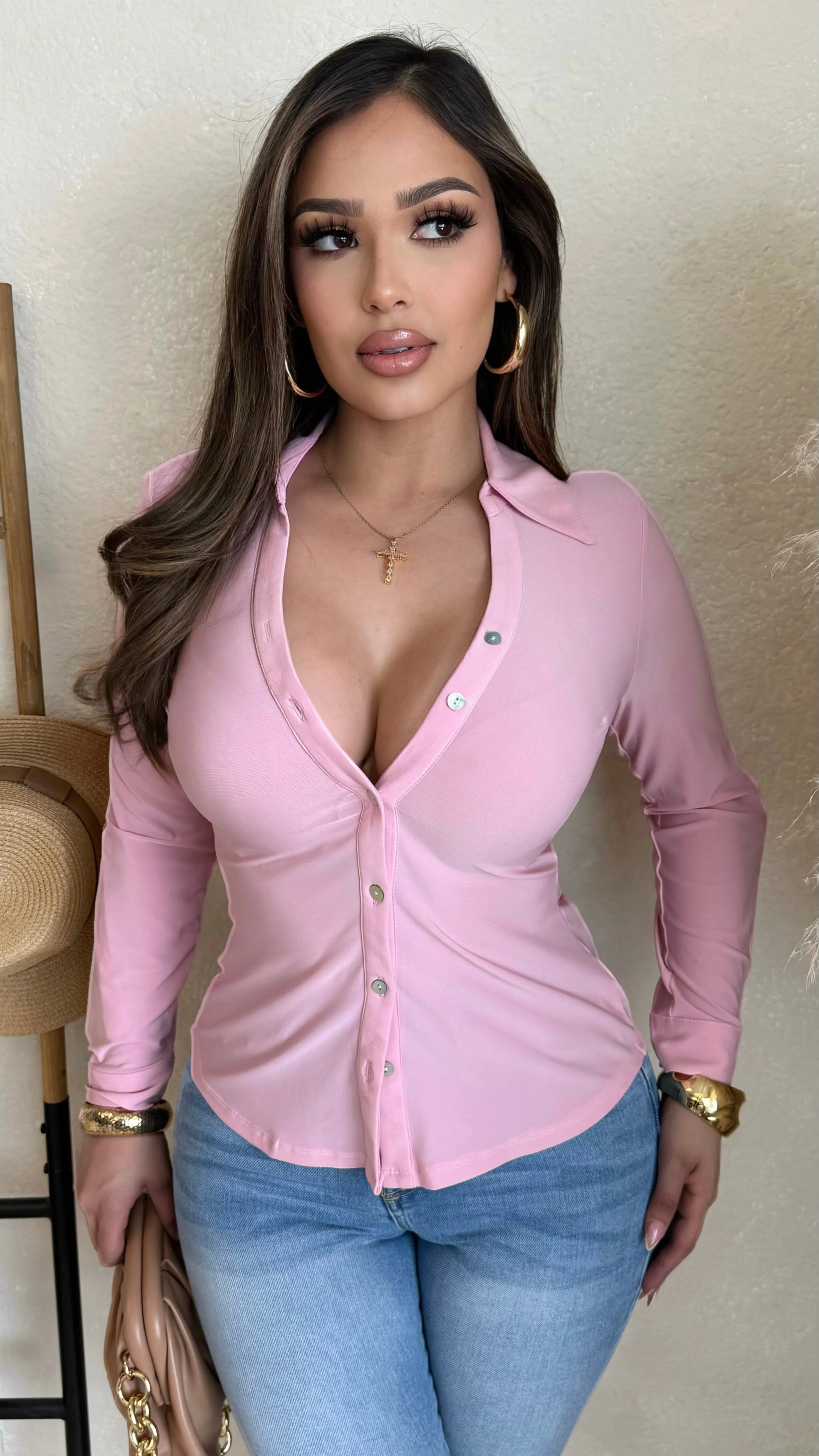 Mabel Button Up Top (Dusty Pink) sold by Lavish Couture Fashion