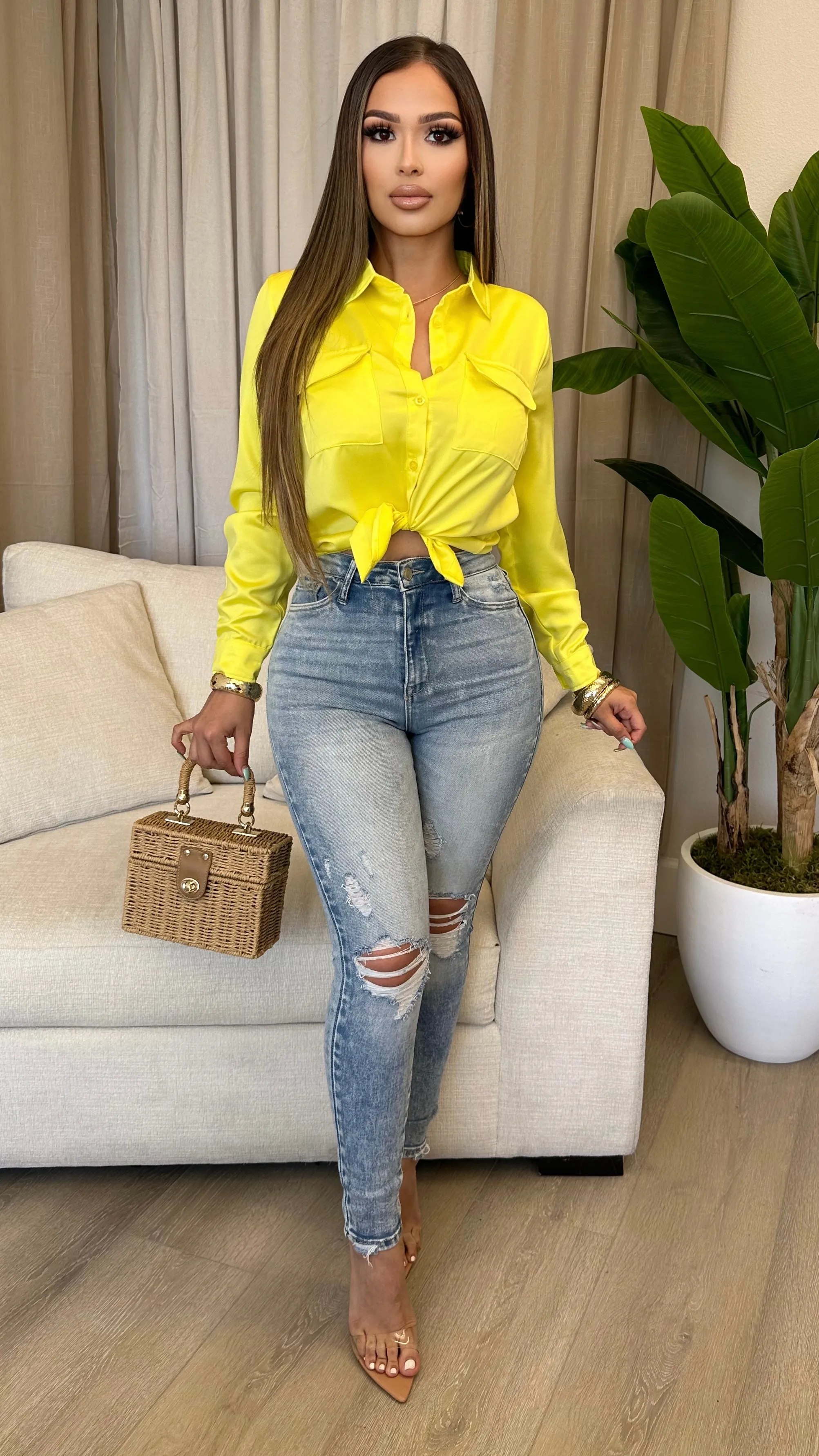 Annalee Button Up Top (Yellow) sold by Lavish Couture Fashion