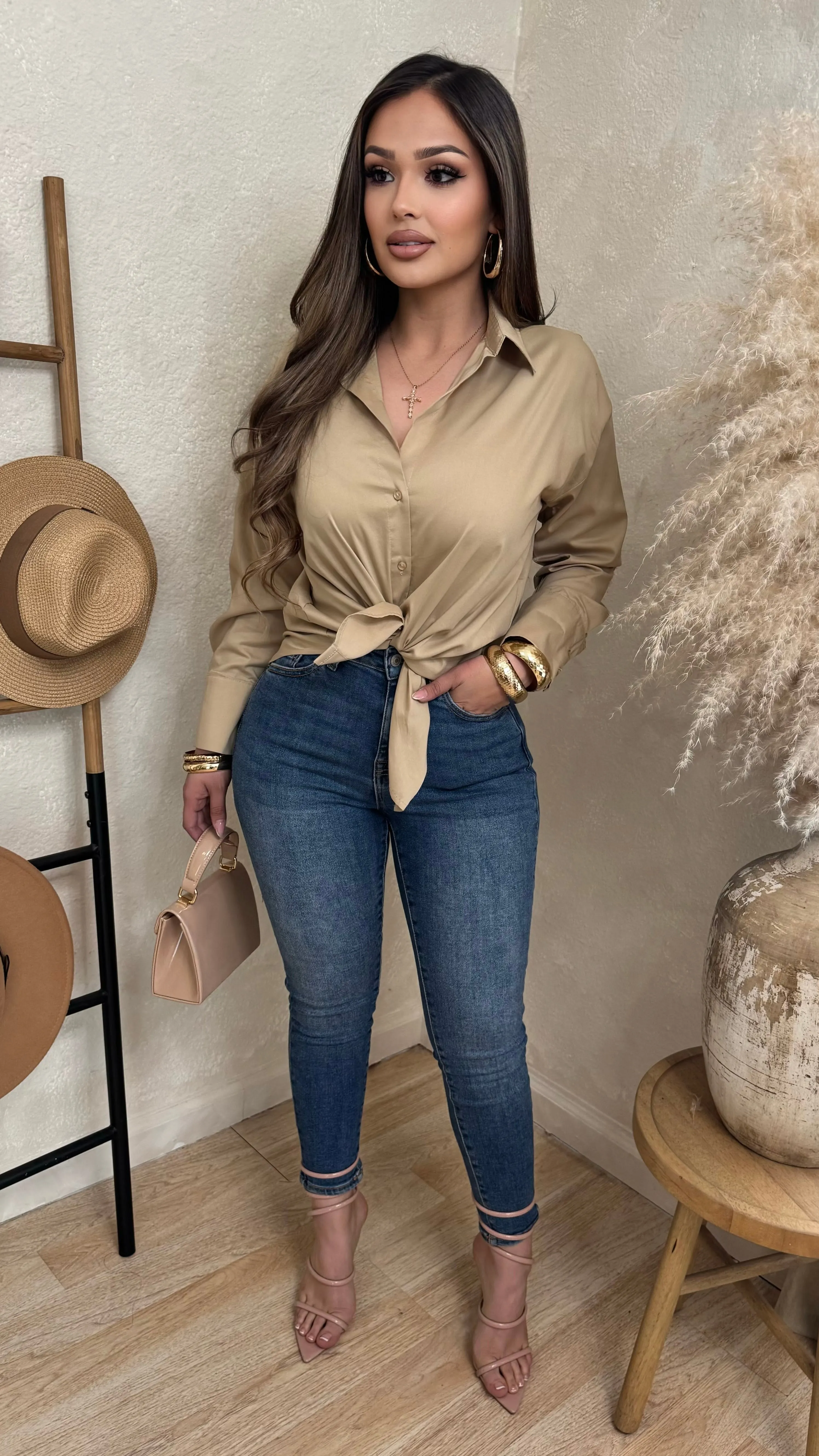 Kylina Long Sleeve Button Up Tops (Nude) sold by Lavish Couture Fashion product image thumbnail 2